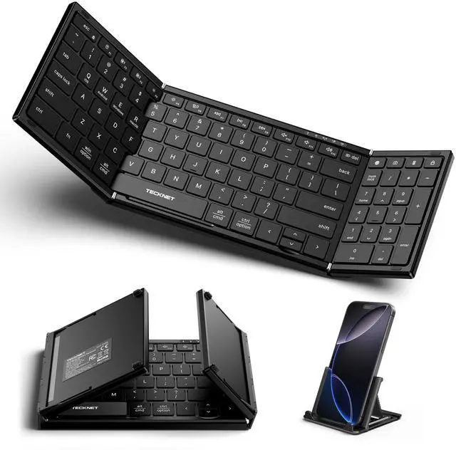 Main image of Wireless Foldable Bluetooth Keyboard, Rechargeable Portable Keyboards for Travel with Number Pad, Full-Size Connect Up to 3 Devices for iPad Tablet Smartphone Laptop PC Windows iOS Android