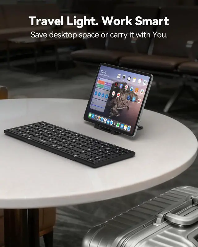 Alt view image 3 of 7 - Wireless Foldable Bluetooth Keyboard, Rechargeable Portable Keyboards for Travel with Number Pad, Full-Size Connect Up to 3 Devices for iPad Tablet Smartphone Laptop PC Windows iOS Android