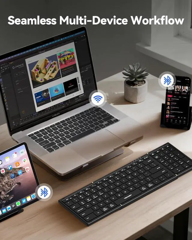 Alt view image 4 of 7 - Wireless Foldable Bluetooth Keyboard, Rechargeable Portable Keyboards for Travel with Number Pad, Full-Size Connect Up to 3 Devices for iPad Tablet Smartphone Laptop PC Windows iOS Android
