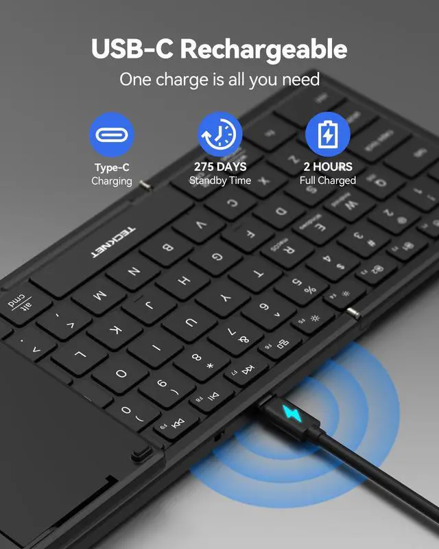 Alt view image 5 of 7 - Wireless Foldable Bluetooth Keyboard, Rechargeable Portable Keyboards for Travel with Number Pad, Full-Size Connect Up to 3 Devices for iPad Tablet Smartphone Laptop PC Windows iOS Android