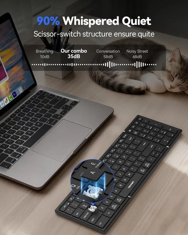 Alt view image 6 of 7 - Wireless Foldable Bluetooth Keyboard, Rechargeable Portable Keyboards for Travel with Number Pad, Full-Size Connect Up to 3 Devices for iPad Tablet Smartphone Laptop PC Windows iOS Android