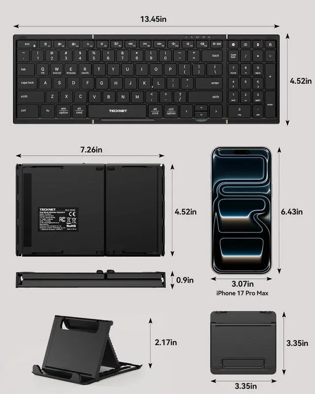Alt view image 7 of 7 - Wireless Foldable Bluetooth Keyboard, Rechargeable Portable Keyboards for Travel with Number Pad, Full-Size Connect Up to 3 Devices for iPad Tablet Smartphone Laptop PC Windows iOS Android
