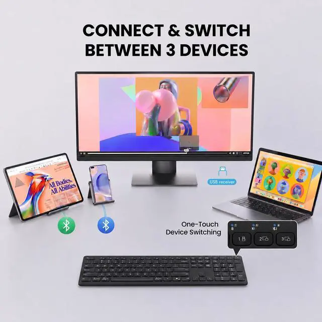 Alt view image 3 of 7 - Wireless Bluetooth Keyboard, Full Size Multi-Device Keyboard for PC, Laptop