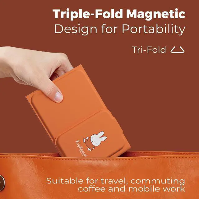 Alt view image 2 of 7 - Miffy Triple-Fold Bluetooth Keyboard - Magnetic Fold Design with Integrated Touchpad & Numeric Keypad, Bluetooth 5.0 (3 Devices), Rechargeable 5.6mm Slim, Premium Leather - Orange