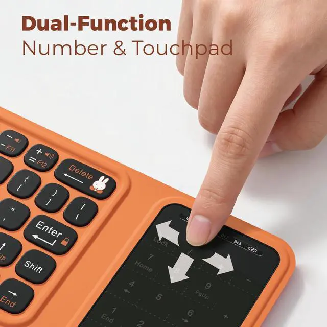 Alt view image 4 of 7 - Miffy Triple-Fold Bluetooth Keyboard - Magnetic Fold Design with Integrated Touchpad & Numeric Keypad, Bluetooth 5.0 (3 Devices), Rechargeable 5.6mm Slim, Premium Leather - Orange