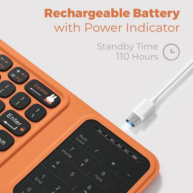 Alt view image 6 of 7 - Miffy Triple-Fold Bluetooth Keyboard - Magnetic Fold Design with Integrated Touchpad & Numeric Keypad, Bluetooth 5.0 (3 Devices), Rechargeable 5.6mm Slim, Premium Leather - Orange