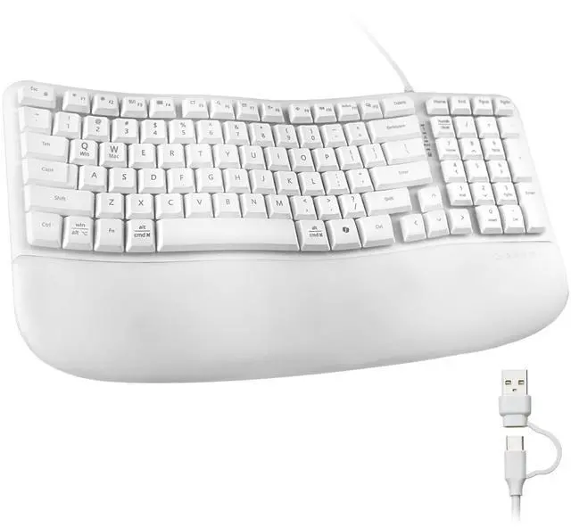 Main image of Wired Ergonomic Keyboard, Curved Wave Keyboard with Cushioned Wrist Rest, Compact Full-Size Layout, USB-A & C Port, 13 Shortcuts Keys, Natural Typing, Compatible with Win/Mac, Laptop, PC, White
