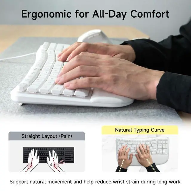 Alt view image 3 of 7 - Wired Ergonomic Keyboard, Curved Wave Keyboard with Cushioned Wrist Rest, Compact Full-Size Layout, USB-A & C Port, 13 Shortcuts Keys, Natural Typing, Compatible with Win/Mac, Laptop, PC, White