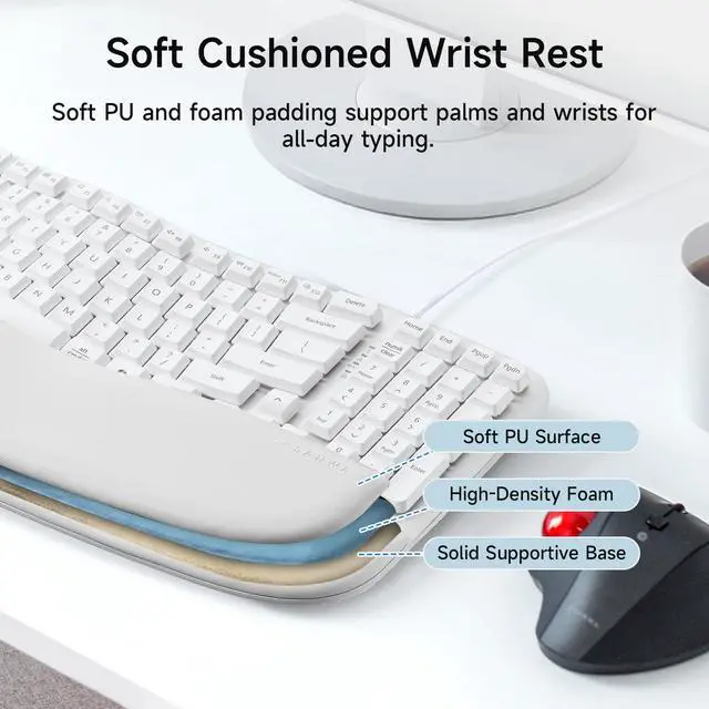 Alt view image 4 of 7 - Wired Ergonomic Keyboard, Curved Wave Keyboard with Cushioned Wrist Rest, Compact Full-Size Layout, USB-A & C Port, 13 Shortcuts Keys, Natural Typing, Compatible with Win/Mac, Laptop, PC, White