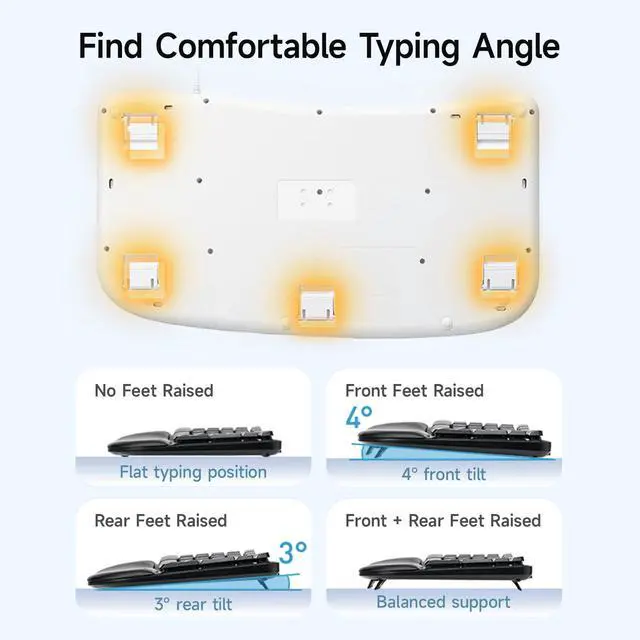 Alt view image 6 of 7 - Wired Ergonomic Keyboard, Curved Wave Keyboard with Cushioned Wrist Rest, Compact Full-Size Layout, USB-A & C Port, 13 Shortcuts Keys, Natural Typing, Compatible with Win/Mac, Laptop, PC, White