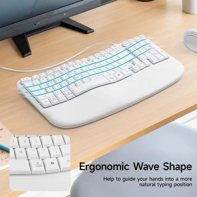 Alt view image 2 of 7 - Wired Ergonomic Keyboard, Curved Wave Keyboard with Cushioned Wrist Rest, Compact Full-Size Layout, USB-A & C Port, 13 Shortcuts Keys, Natural Typing, Compatible with Win/Mac, Laptop, PC, White