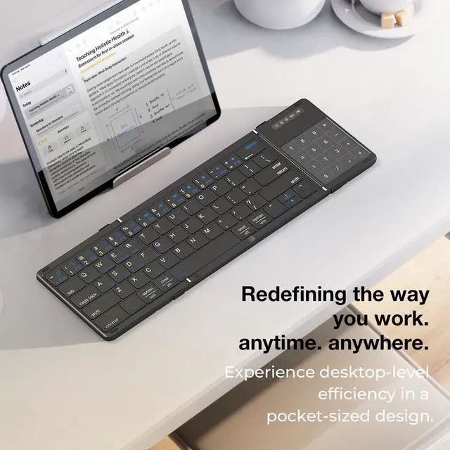 Alt view image 2 of 7 - Foldable Bluetooth Keyboard with Touchpad & Numpad, Portable Wireless Travel Pocket Keyboard with 2.4G USB Receiver, Mini Quiet Typing, Multi-Device Pairing for iPad, Tablet, Phone