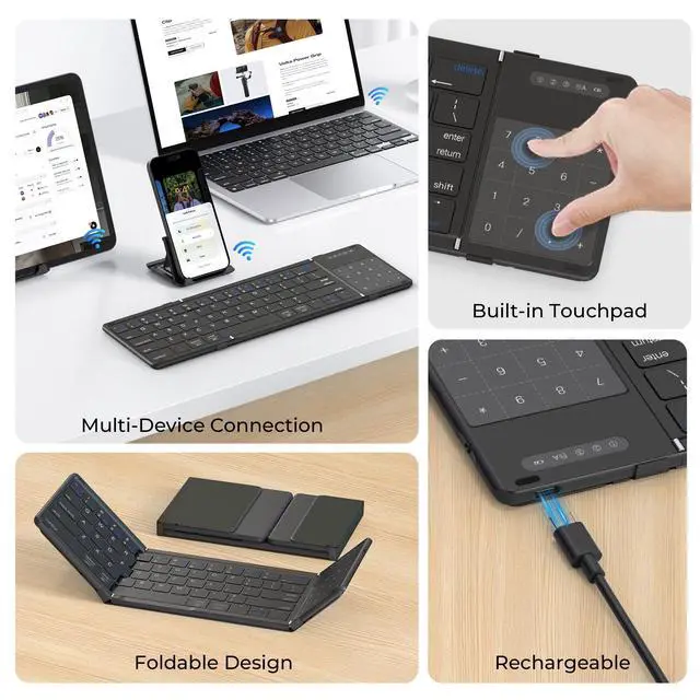 Alt view image 4 of 7 - Foldable Bluetooth Keyboard with Touchpad & Numpad, Portable Wireless Travel Pocket Keyboard with 2.4G USB Receiver, Mini Quiet Typing, Multi-Device Pairing for iPad, Tablet, Phone