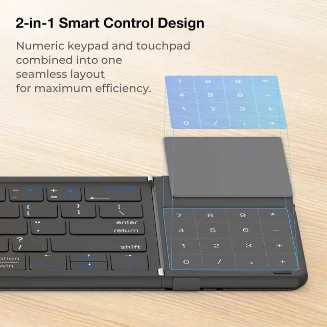 Alt view image 3 of 7 - Foldable Bluetooth Keyboard with Touchpad & Numpad, Portable Wireless Travel Pocket Keyboard with 2.4G USB Receiver, Mini Quiet Typing, Multi-Device Pairing for iPad, Tablet, Phone