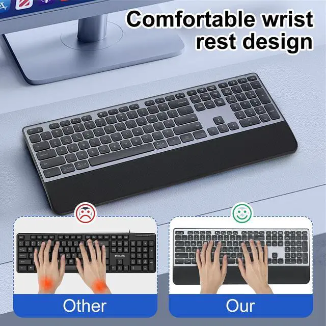 Alt view image 3 of 7 - Wireless Keyboard, Rechargeable Full Size Multi-Device Bluetooth Keyboard with Wrist Rest, 3-Level Backlit, for Computer, Laptop, Tablet, Smartphone, Office,US Layout