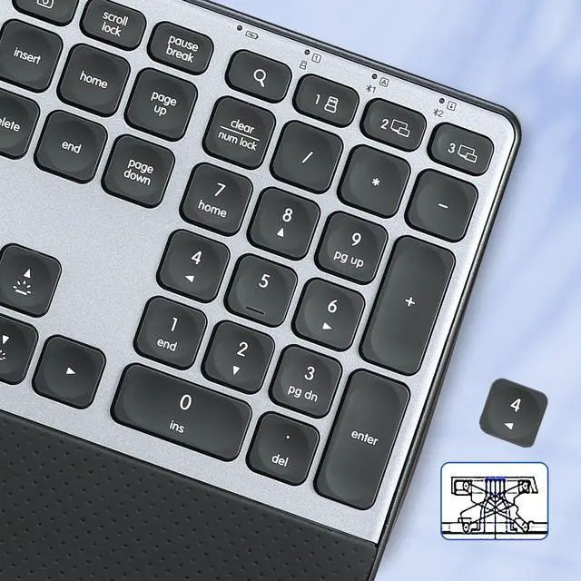 Alt view image 4 of 7 - Wireless Keyboard, Rechargeable Full Size Multi-Device Bluetooth Keyboard with Wrist Rest, 3-Level Backlit, for Computer, Laptop, Tablet, Smartphone, Office,US Layout