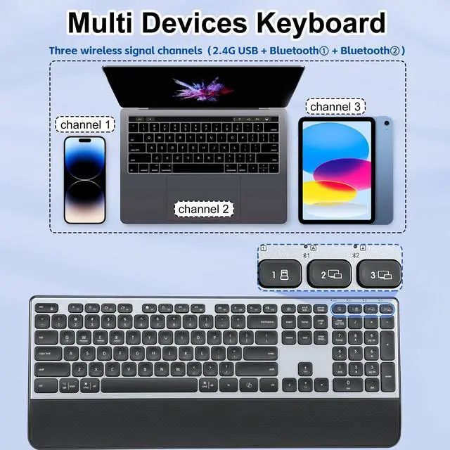 Alt view image 6 of 7 - Wireless Keyboard, Rechargeable Full Size Multi-Device Bluetooth Keyboard with Wrist Rest, 3-Level Backlit, for Computer, Laptop, Tablet, Smartphone, Office,US Layout