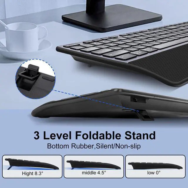 Alt view image 5 of 7 - Wireless Keyboard, Rechargeable Full Size Multi-Device Bluetooth Keyboard with Wrist Rest, 3-Level Backlit, for Computer, Laptop, Tablet, Smartphone, Office,US Layout