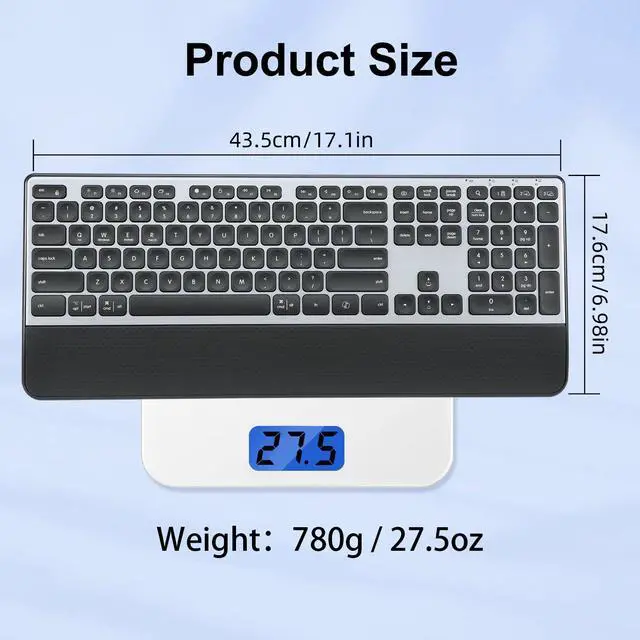 Alt view image 7 of 7 - Wireless Keyboard, Rechargeable Full Size Multi-Device Bluetooth Keyboard with Wrist Rest, 3-Level Backlit, for Computer, Laptop, Tablet, Smartphone, Office,US Layout
