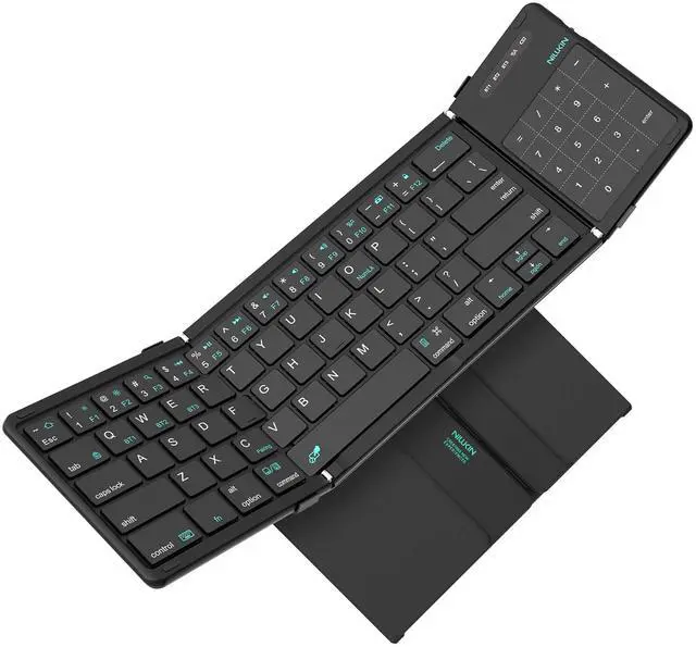 Main image of Bluetooth Foldable Keyboard with Touchpad & Number Pad, Pocket-Size Portable Keyboard with Full Size Keys, Wireless Keyboard with Trackpad for 3 Devices iPad Tablet Laptop Phone, Black