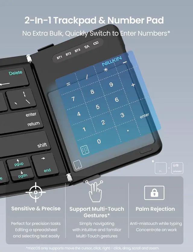 Alt view image 3 of 7 - Bluetooth Foldable Keyboard with Touchpad & Number Pad, Pocket-Size Portable Keyboard with Full Size Keys, Wireless Keyboard with Trackpad for 3 Devices iPad Tablet Laptop Phone, Black
