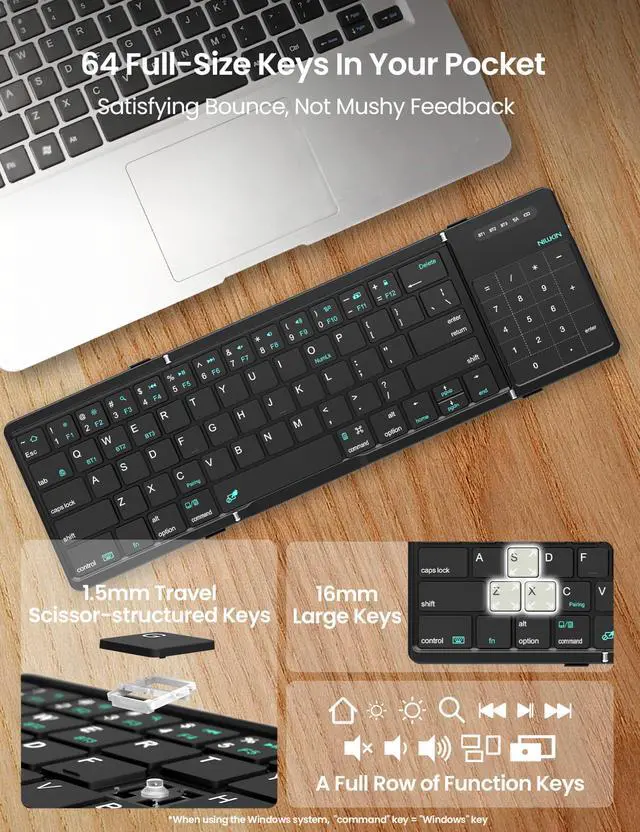 Alt view image 4 of 7 - Bluetooth Foldable Keyboard with Touchpad & Number Pad, Pocket-Size Portable Keyboard with Full Size Keys, Wireless Keyboard with Trackpad for 3 Devices iPad Tablet Laptop Phone, Black