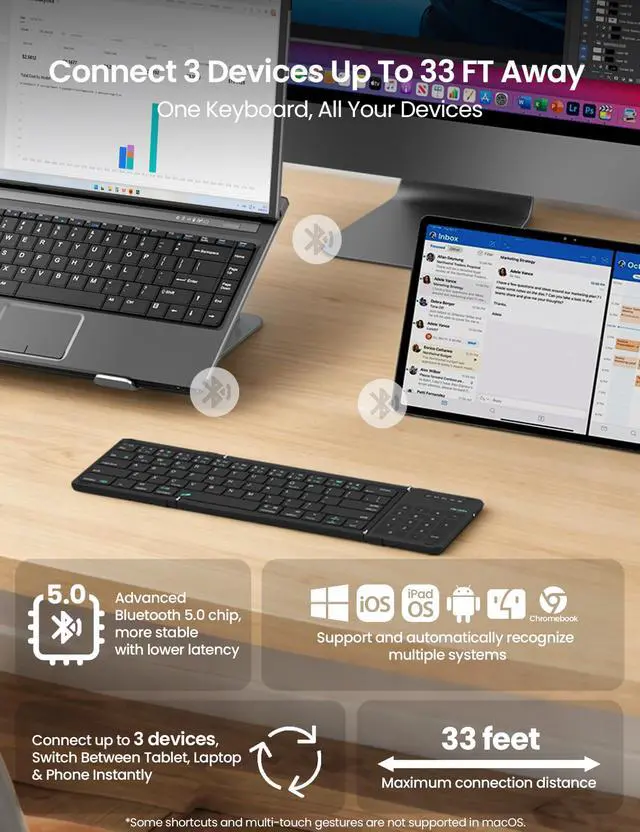 Alt view image 5 of 7 - Bluetooth Foldable Keyboard with Touchpad & Number Pad, Pocket-Size Portable Keyboard with Full Size Keys, Wireless Keyboard with Trackpad for 3 Devices iPad Tablet Laptop Phone, Black