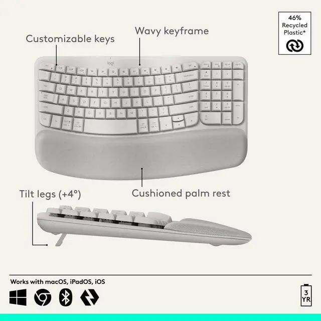 Alt view image 6 of 7 - Wave Keys Wireless Ergonomic Keyboard with Cushioned Palm - Sand