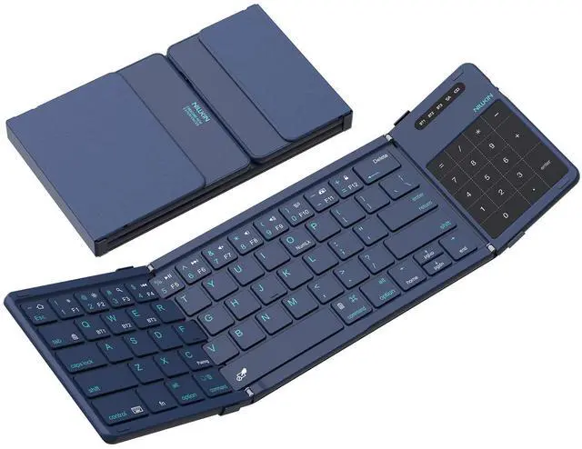 Main image of Pocket Foldable Wireless Keyboard with Touchpad Number Pad for Travel Trip Meeting for Tablets Fold Phone Laptop PC, Full Size (Small) Magnetic Folding Keyboard (Blue)