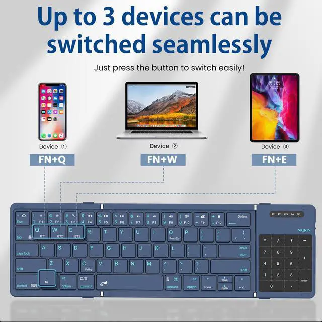 Alt view image 3 of 7 - Pocket Foldable Wireless Keyboard with Touchpad Number Pad for Travel Trip Meeting for Tablets Fold Phone Laptop PC, Full Size (Small) Magnetic Folding Keyboard (Blue)