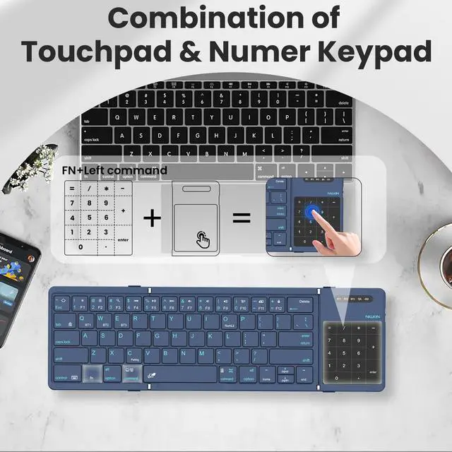 Alt view image 4 of 7 - Pocket Foldable Wireless Keyboard with Touchpad Number Pad for Travel Trip Meeting for Tablets Fold Phone Laptop PC, Full Size (Small) Magnetic Folding Keyboard (Blue)