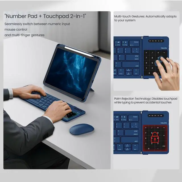 Alt view image 6 of 7 - Pocket Foldable Wireless Keyboard with Touchpad Number Pad for Travel Trip Meeting for Tablets Fold Phone Laptop PC, Full Size (Small) Magnetic Folding Keyboard (Blue)