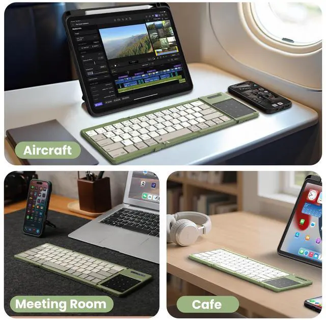 Alt view image 2 of 7 - Pocket Foldable Wireless Keyboard with Touchpad Numerical Pad for Travel Meeting for iPad Tablets Phone Laptop PC, Full Size (Small) Magnetic Folding Keyboard (Green)
