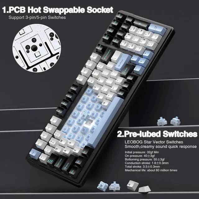 Alt view image 5 of 7 - F99 Wireless Mechanical Keyboard,Tri-Mode BT5.0/2.4GHz/USB-C Hot Swappable Custom Keyboard,Pre-lubed Linear Switches,RGB Backlit Gaming Keyboards for PC/Tablet/Xbox/PS4/PS5