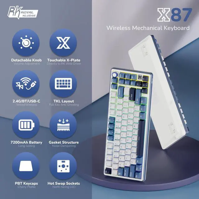 Alt view image 2 of 7 - X87 Gasket Mechanical Keyboard, 75% Wireless Gaming Keyboard with Touchable X-Plate & Volume Knob, Bluetooth/2.4GHz/Wired, Hot Swappable RGB Backlit (Blue, Tactile Beige Switch)