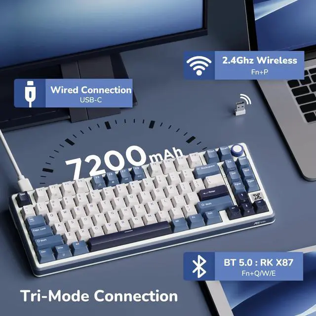 Alt view image 5 of 7 - X87 Gasket Mechanical Keyboard, 75% Wireless Gaming Keyboard with Touchable X-Plate & Volume Knob, Bluetooth/2.4GHz/Wired, Hot Swappable RGB Backlit (Blue, Tactile Beige Switch)