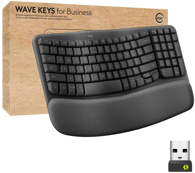 Main image of Wave Keys for Business Ergonomic Keyboard - Graphite | Cushioned palm rest, secure Logi Bolt technology, compatible with Windows/Mac/Chrome/Linux, for Business