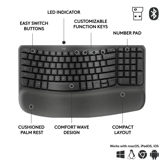 Alt view image 6 of 7 - Wave Keys for Business Ergonomic Keyboard - Graphite | Cushioned palm rest, secure Logi Bolt technology, compatible with Windows/Mac/Chrome/Linux, for Business