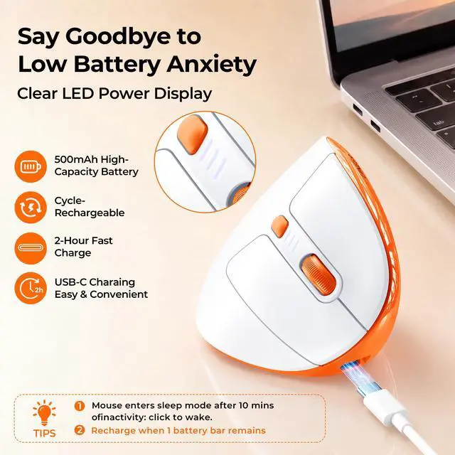 Alt view image 4 of 7 - Ergonomic Vertical Mouse, Tri-Mode Wireless, Rechargeable, 4 DPI