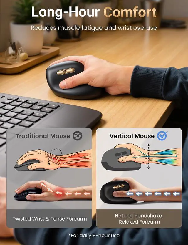Alt view image 2 of 7 - Ergonomic Vertical Wireless Mouse, 57°, Small/Medium Hands, Black