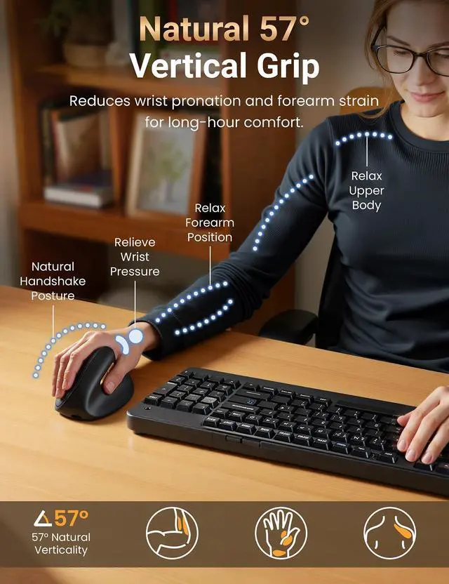 Alt view image 3 of 7 - Ergonomic Vertical Wireless Mouse, 57°, Small/Medium Hands, Black