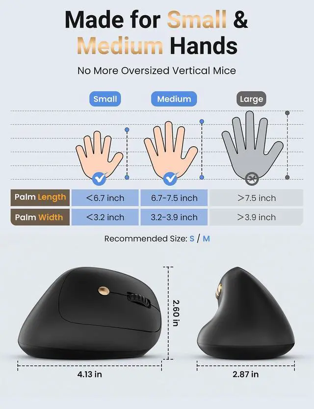 Alt view image 4 of 7 - Ergonomic Vertical Wireless Mouse, 57°, Small/Medium Hands, Black