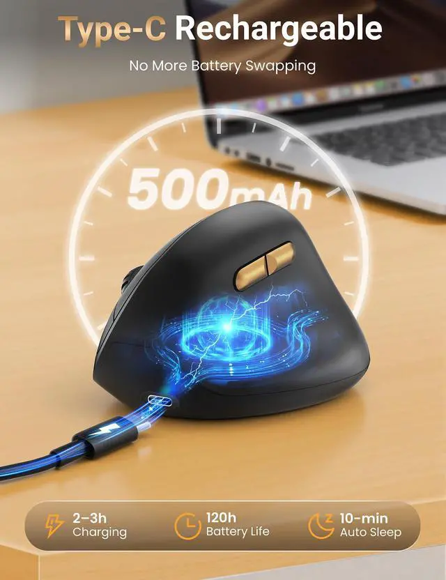 Alt view image 7 of 7 - Ergonomic Vertical Wireless Mouse, 57°, Small/Medium Hands, Black