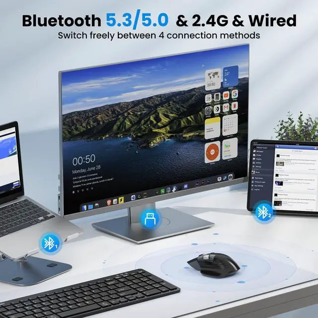 Alt view image 2 of 7 - Wireless Mouse, Ergonomic Bluetooth Mouse (BT 5.3/5.0 & 2.4G & Wired), Rechargeable Mouse with Ultra-Fast Scrolling, Side Scroll, 6-Level DPI, Quiet Clicks, Optical Mouse for Laptop Desktop