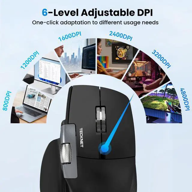 Alt view image 6 of 7 - Wireless Mouse, Ergonomic Bluetooth Mouse (BT 5.3/5.0 & 2.4G & Wired), Rechargeable Mouse with Ultra-Fast Scrolling, Side Scroll, 6-Level DPI, Quiet Clicks, Optical Mouse for Laptop Desktop
