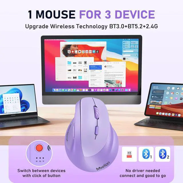 Alt view image 3 of 7 - Ergonomic Wireless Vertical Mouse, Rechargeable, Purple