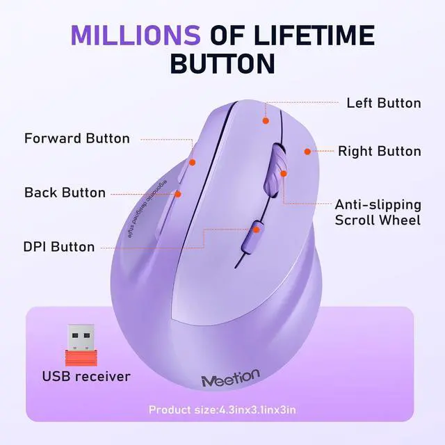 Alt view image 6 of 7 - Ergonomic Wireless Vertical Mouse, Rechargeable, Purple
