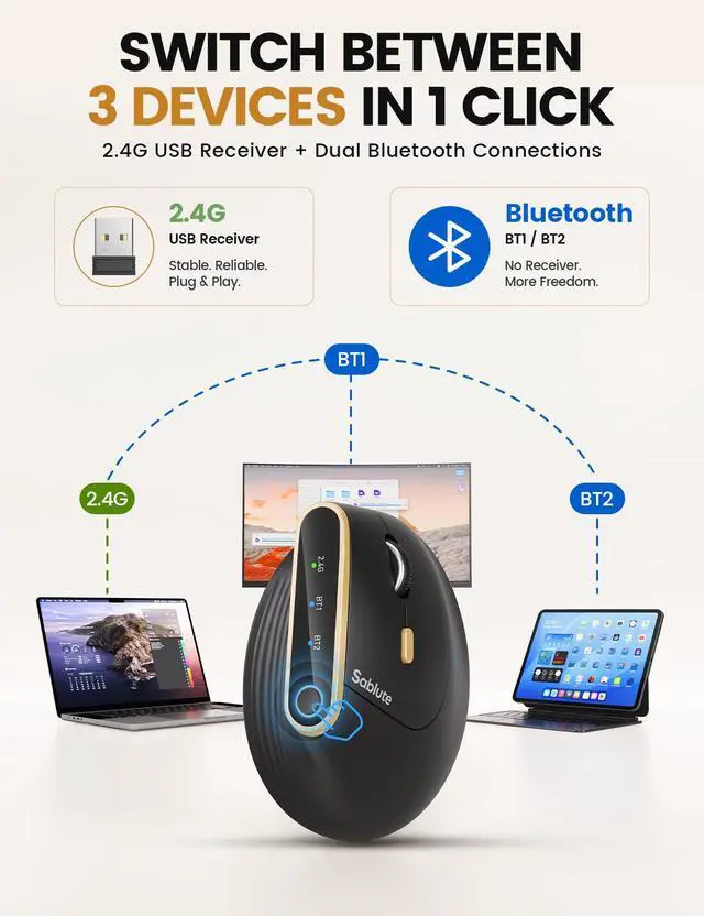 Alt view image 3 of 7 - Ergonomic Vertical Wireless Mouse with 3-Device Switching MAM4