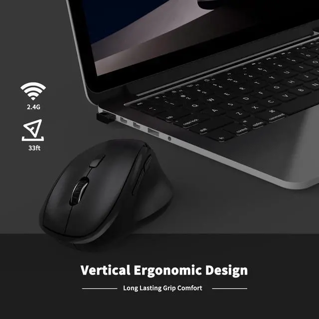 Alt view image 5 of 7 - Ergonomic Wireless Mouse with USB Receiver for PC Computer, Laptop and Desktop, Ergo Mouse Vertical with Silent Clicks Long Battery Life, Up to 1600 DPI & 1 AA Battery Powered, Black