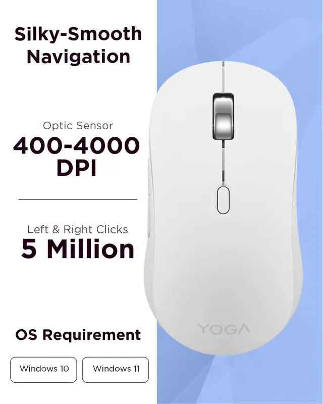 Alt view image 4 of 7 - Yoga Bluetooth Silent Mouse, 3 Level DPI Adjustment, 36 Month Battery Life, Bluetooth 5.3, 3 Device Paring, Whisper Quiet, Programmable Buttons, Smooth Finish, Seashell